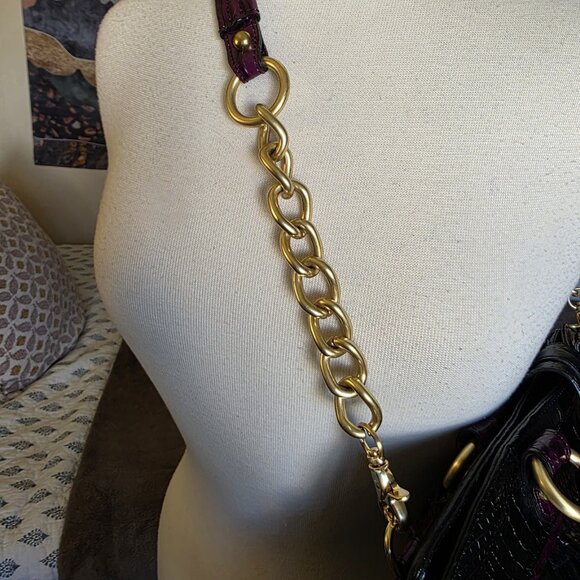 RARE Brahmin Adora Black & Purple Croc Embossed Leather Satchel Gold Chain - Picture 12 of 16
